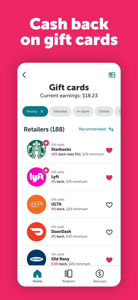 Ibotta mobile app screen showing gift card cash back offers for retailers like Starbucks and Lyft