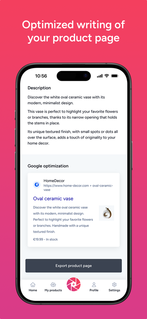 Interface de l'application Pizi montrant la description du produit générée par IA et un aperçu SEO Google