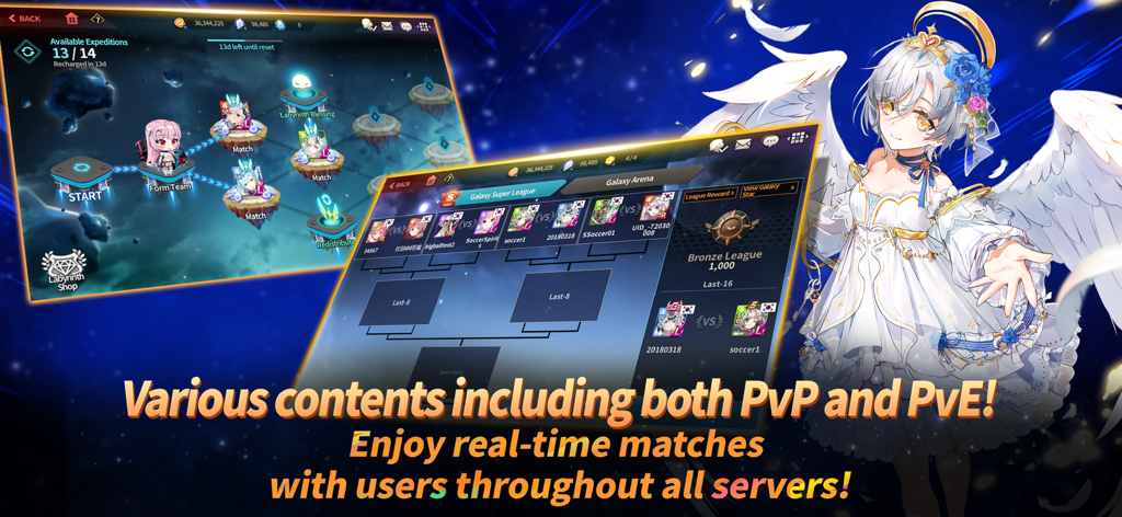 Soccer Spirits screenshot showing various PvP and PvE game modes with an anime character illustration