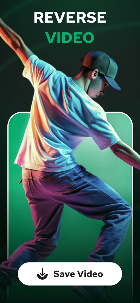 AI Reverse Video Editor - RevV - A dancer performing a move with a reverse video effect overlay and a save button.