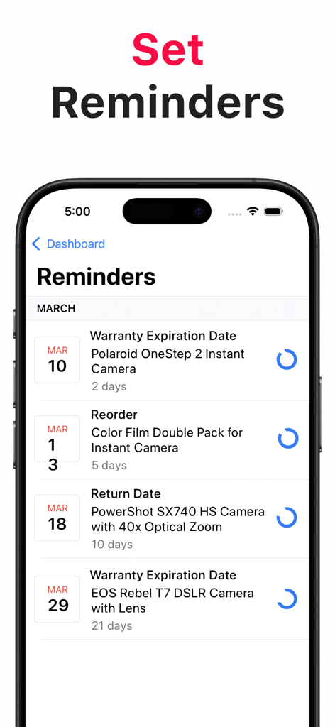 Interface de l'application Boxflow affichant une liste de rappels d'inventaire pour les garanties et les réapprovisionnements de produits.