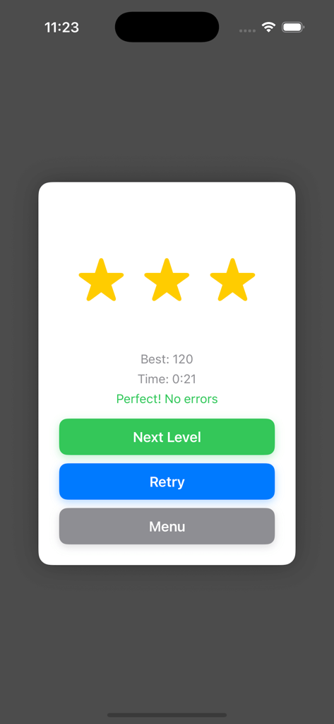 Link & Arrow - Level completion screen in Link and Arrow showing three stars and a perfect zero error score