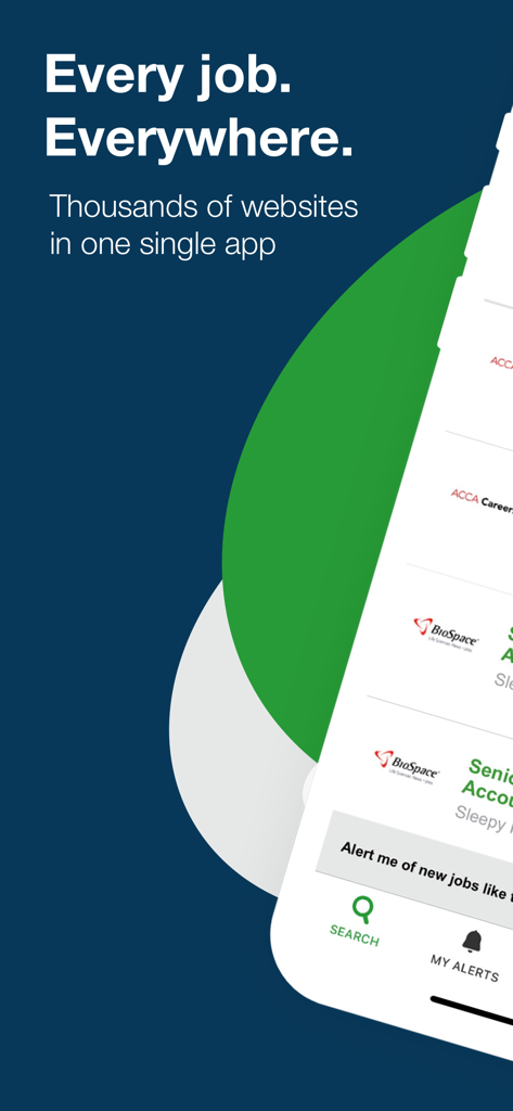 Adzuna Job Search App-Oberfläche, die den Slogan Jeder Job Überall und eine Liste aggregierter Stellenangebote anzeigt.