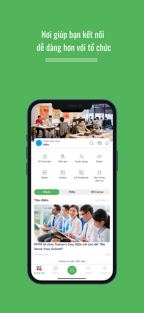 Der Startbildschirm der MyFE-App mit Symbolen für Unternehmensnachrichten und gemeinnützige Dienste.