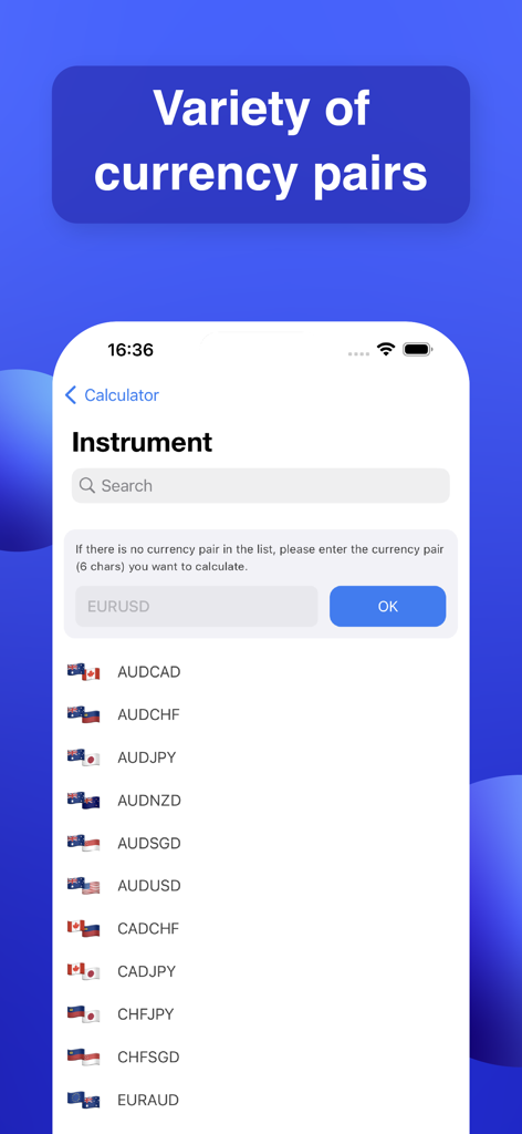 Instrument selection screen displaying a variety of forex currency pairs