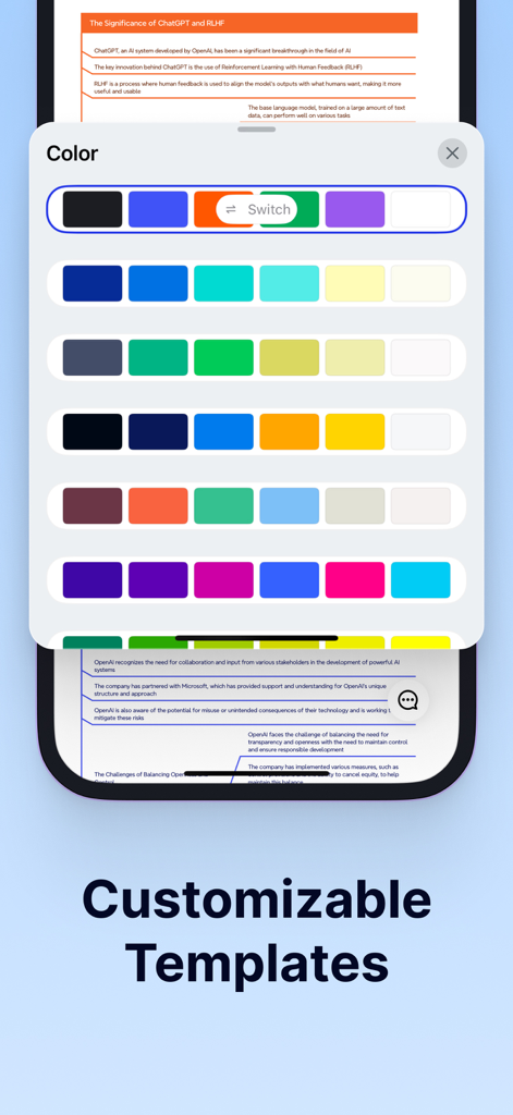 Mapify: AI Mind Map Summarizer - Mapify interface showing color palette options for customizable mind map templates