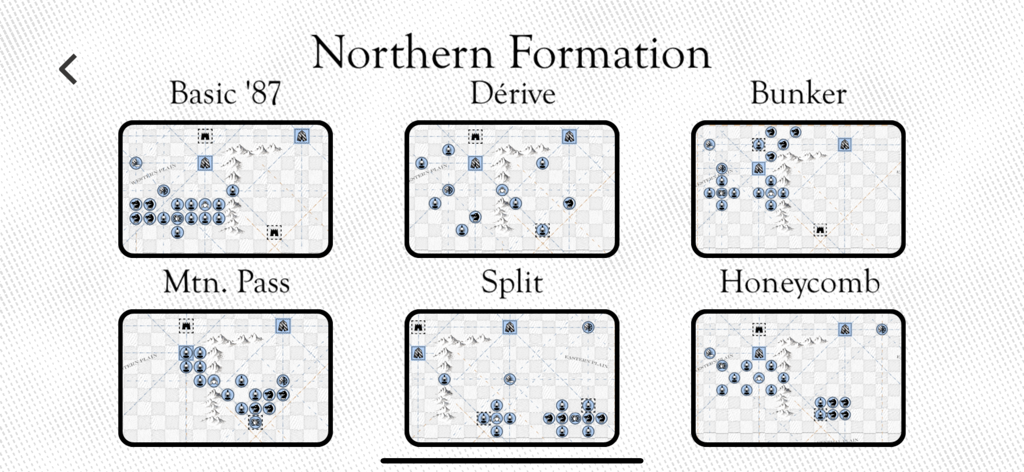 Kriegspiel - Una pantalla de menú que muestra varios diseños iniciales tácticos para la Formación Norte en el juego de estrategia Kriegspiel.