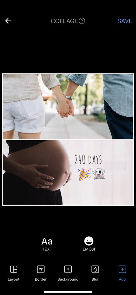 Photo Collage - Photo Editor - Una captura de pantalla de la aplicación Photo Collage que muestra una pantalla de edición con un diseño de dos imágenes y opciones de texto