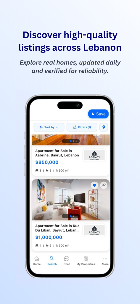 DoorEast - Lebanon Real Estate - Interface do aplicativo DoorEast mostrando listagens de imóveis no Líbano