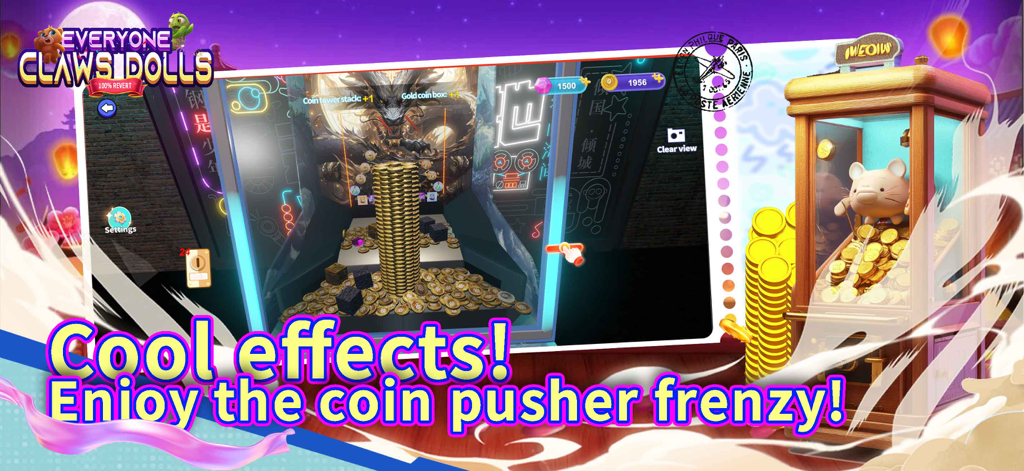 Coin Dozer Carnival: Gold Claw - Gameplay screenshot showing a virtual arcade with a gold coin pusher and a claw machine filled with prizes