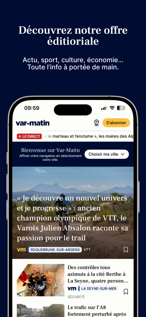 NVM : Info Nice, Var, Monaco - NVM mobile app showing Var-Matin local news and editorial articles