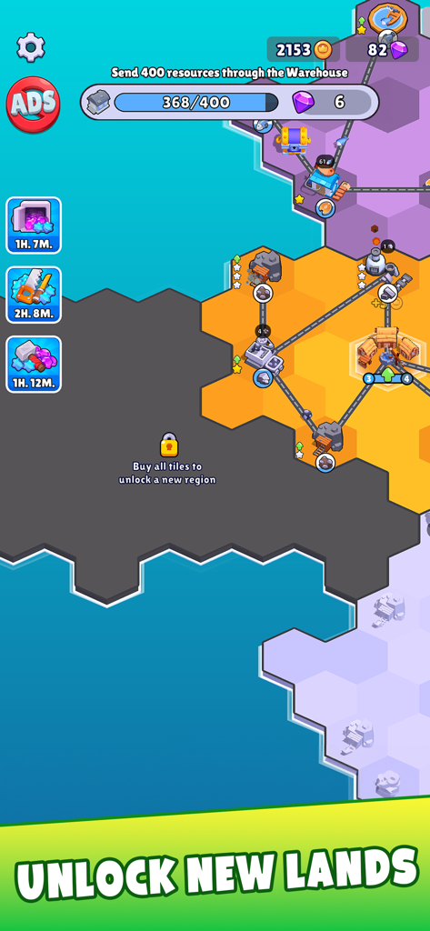 States Builder: Trade Empire - States Builderの六角形戦略マップ。工業施設と「新しい土地をアンロック」というテキストが表示されたロックされた地域が表示されている。