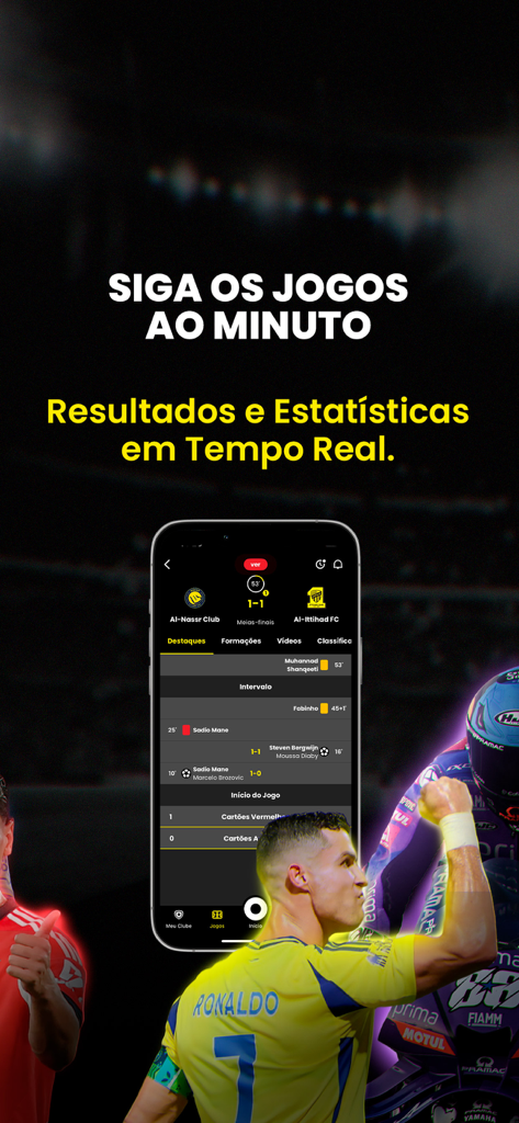 Sport TV app interface showing live soccer scores and real-time statistics for Al-Nassr versus Al-Ittihad