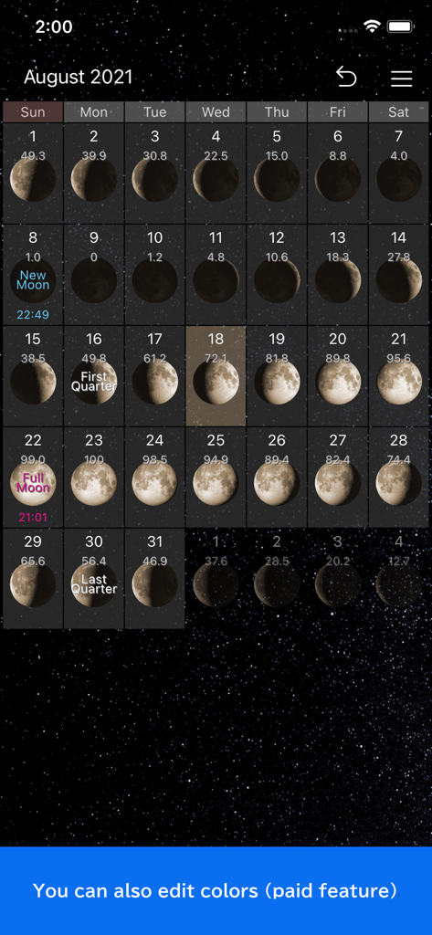 Monthly lunar calendar interface displaying various moon phases and illumination percentages