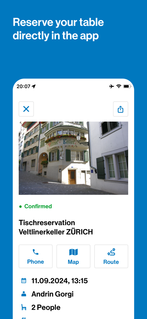 Zürich City Guide - Zürich City Guide app screen showing a confirmed restaurant table reservation with map and route options