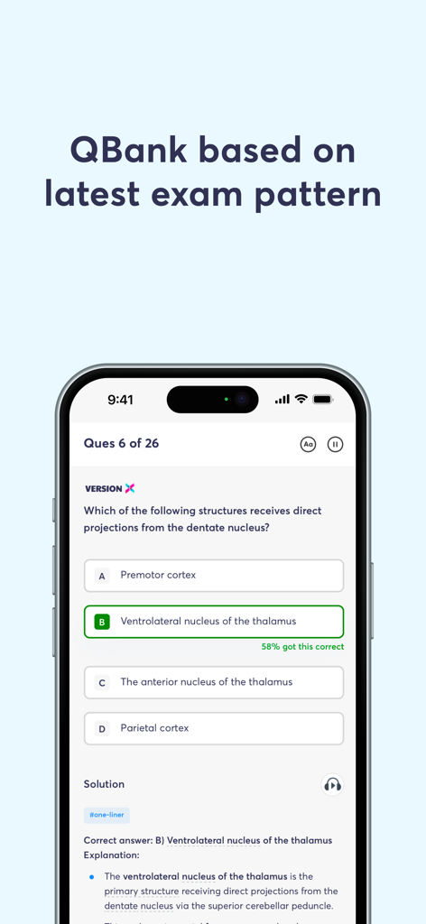 PrepLadder app displaying a medical MCQ with the correct answer highlighted and a detailed explanation.