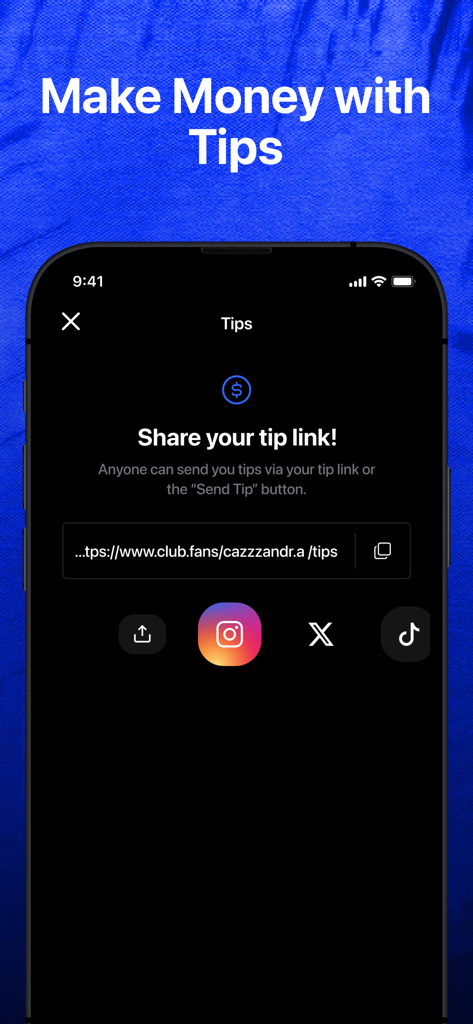 Luvi - Luvi app screen showing how creators can copy and share their personal tipping link to social media platforms like Instagram and TikTok