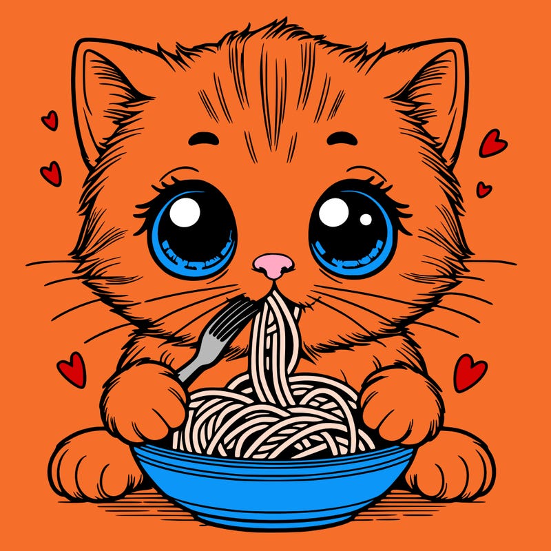 kitten with big eyes and small mouth eating spaghetti