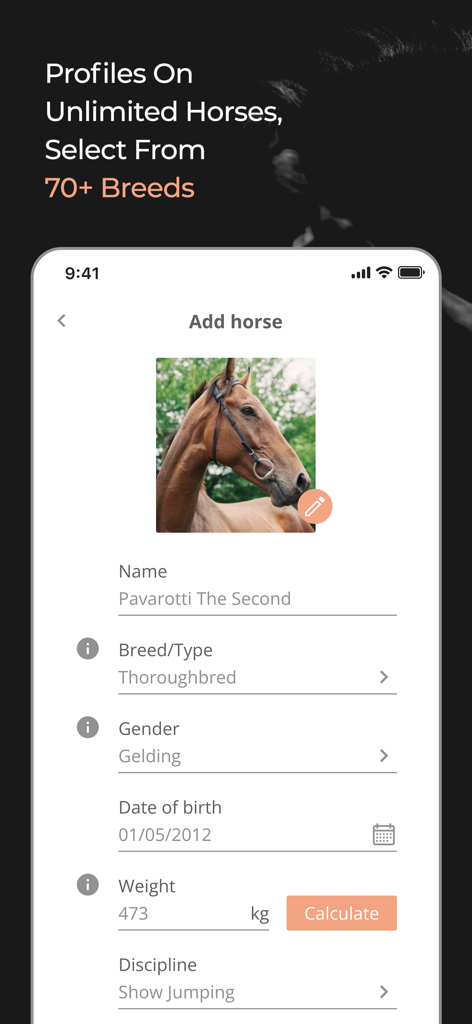 HÆSTR: Horse Care App - Interface of the HAESTR app showing the add horse screen with fields for name breed gender and weight