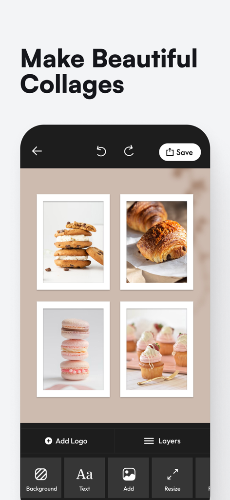 Blendアプリのモバイルインターフェース。クッキー、クロワッサン、マカロン、カップケーキなどのパン屋商品の4枚の写真コラージュと、下部にある編集ツールを表示。