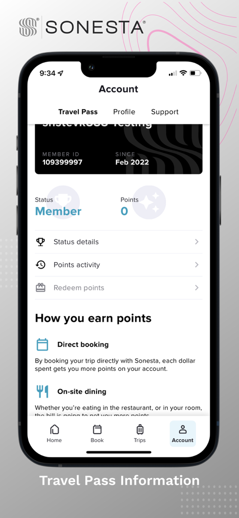 Sonesta - Bildschirm des Sonesta Mobile App Travel Pass-Kontos mit Mitgliedschaftsprämien und Punktestand