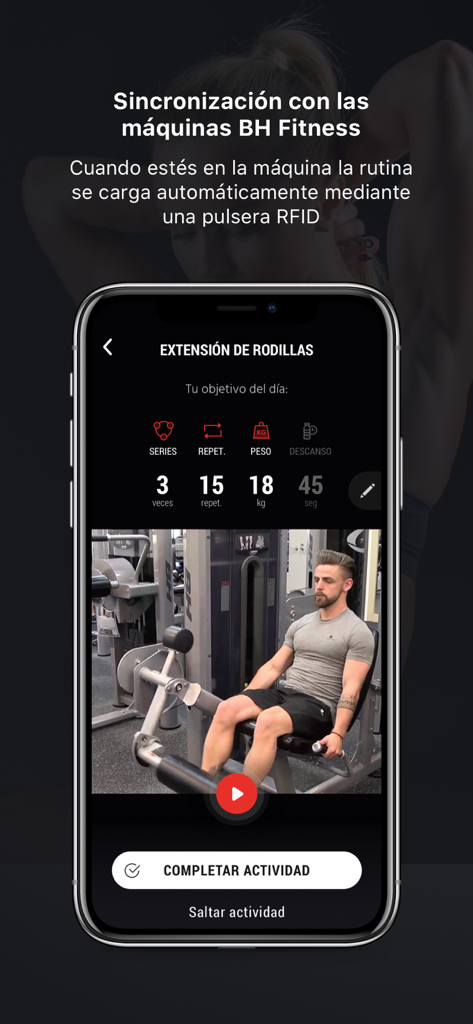 BH GYMLOOP - Aplicación BH GYMLOOP que muestra detalles de ejercicios de entrenamiento de fuerza y demostración en video de extensión de rodilla.