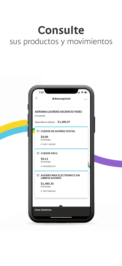 Pantalla de la aplicación móvil Bancoagricola Empresas mostrando saldos de cuentas comerciales e historial de transacciones.