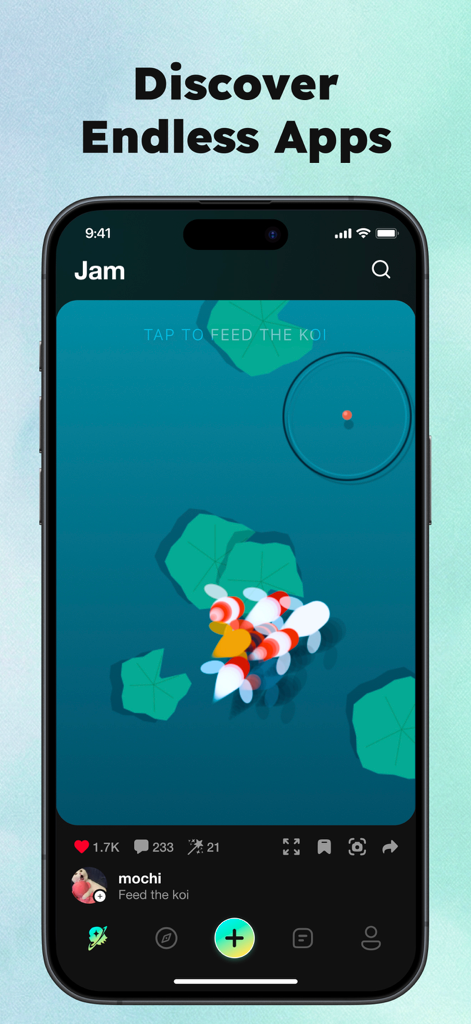 A smartphone showing the Sekai app's infinite feed with an interactive koi fish feeding game.