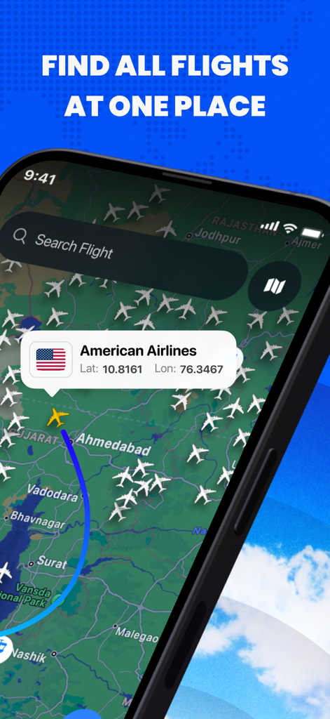 FlightsAround・Flight Tracker - Echtzeit-Flugradar-Karte auf einem iPhone, die mehrere Flugzeuge und Details für einen American Airlines Flug anzeigt.