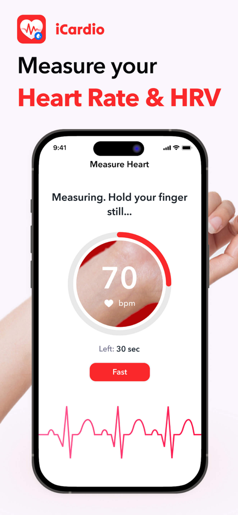 iCardio - Heart Rate Tracker - Interface do aplicativo iCardio exibindo uma medição de frequência cardíaca de 70 bpm com um gráfico de onda de pulso de VFC em uma tela de iPhone.