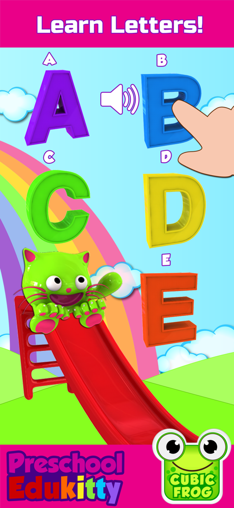 Preschool EduKitty-Kids Games - Pantalla del juego Preschool EduKitty que muestra coloridas letras del abecedario en 3D y un gatito caricaturesco en un tobogán