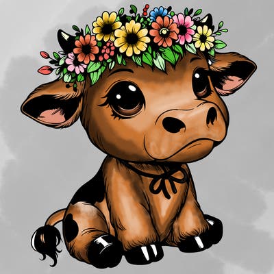 realistic adorable cow with flower crown