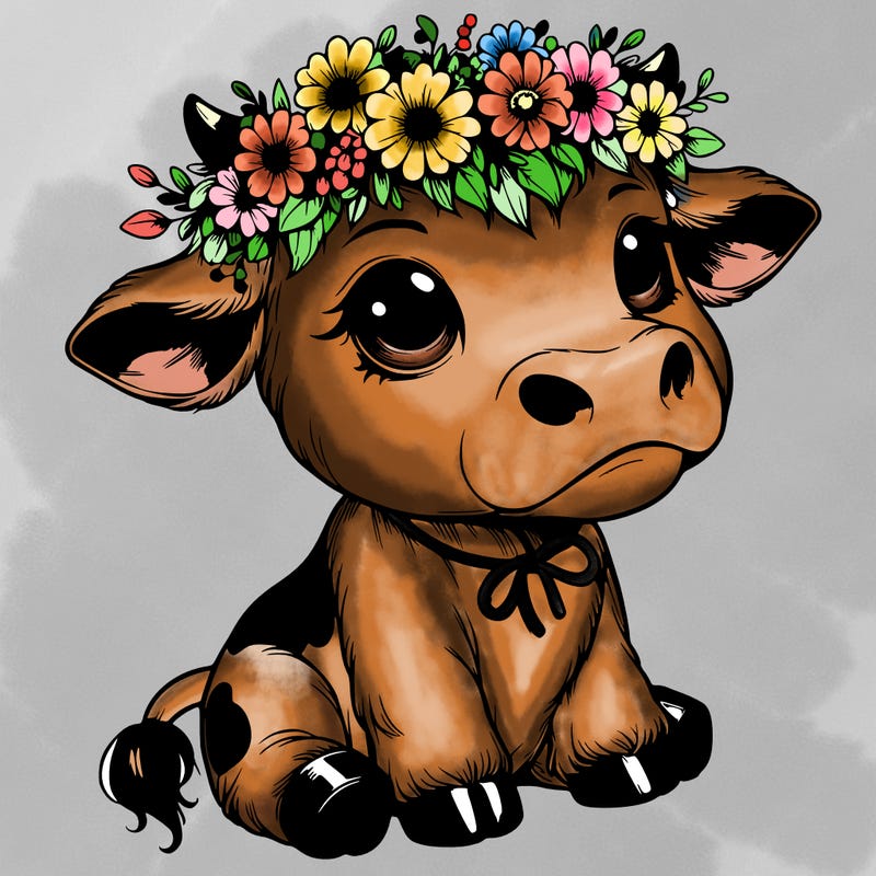 realistic adorable cow with flower crown