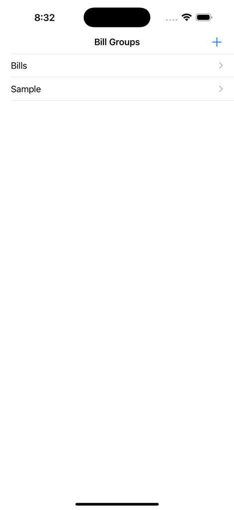 Interface of Simple Bill Manager showing the Bill Groups screen with options to view Bills and Sample groups.