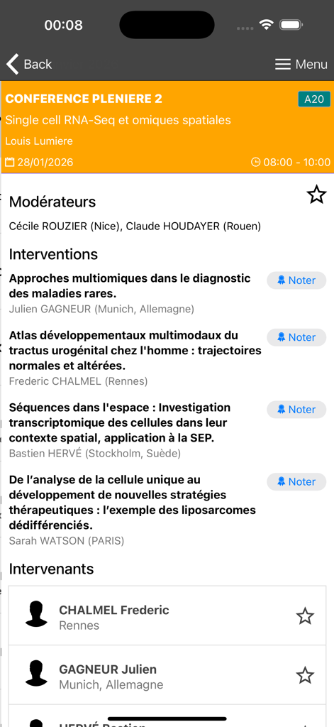 Detailed view of a scientific plenary session within the Assises de Génétique mobile app