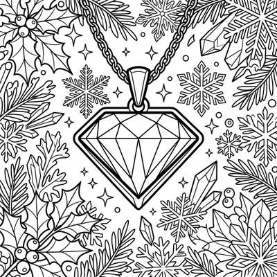 Unleash your creativity with this enchanting diamond jewelry coloring page, set amidst a beautiful winter wonderland. Dive into a world of intricate snowflakes, festive holly, and a magnificent diamond pendant awaiting your artistic touch.