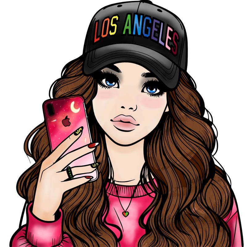 realistic beautiful girl wearing los ángeles cap holding an iphone