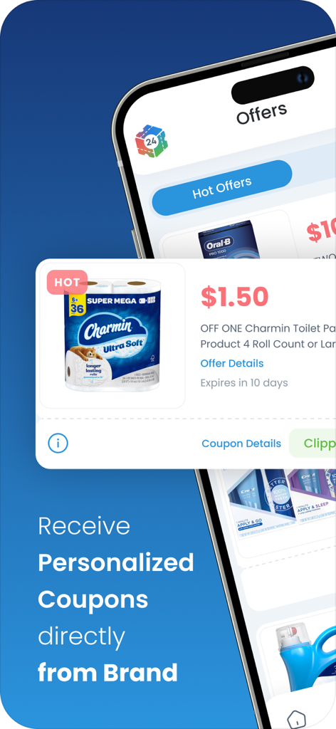 Coupon24 mobile app interface displaying a personalized 1 dollar 50 cents off Charmin coupon on an iPhone.