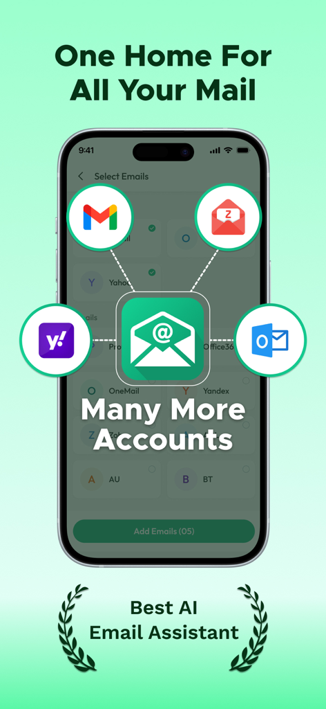 AI Email Writer - All MailBox - Smartphone interface showing the integration of multiple email providers into one unified inbox
