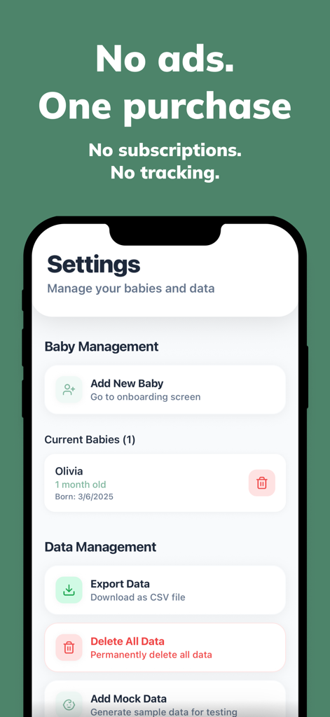Buggy: Baby Tracker & Log - The settings screen of the Buggy baby tracker app showing options for baby management and data export