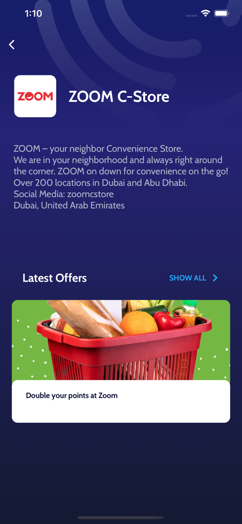 Página da loja de conveniência Zoom mostrando as últimas ofertas e recompensas