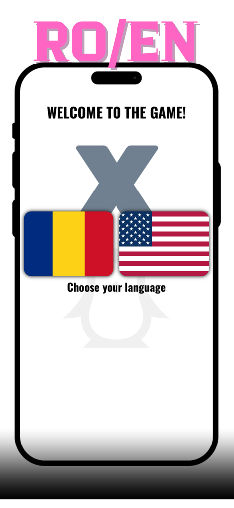 Language selection screen in Pengu Party app with flags for Romanian and English.