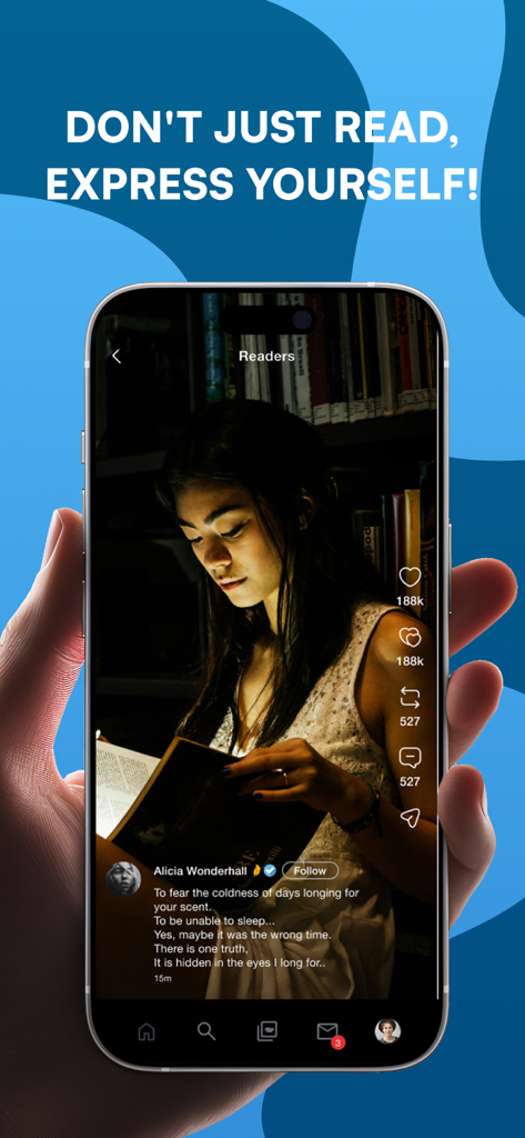 A smartphone displaying a woman performing a poem on the Poemia app video feed