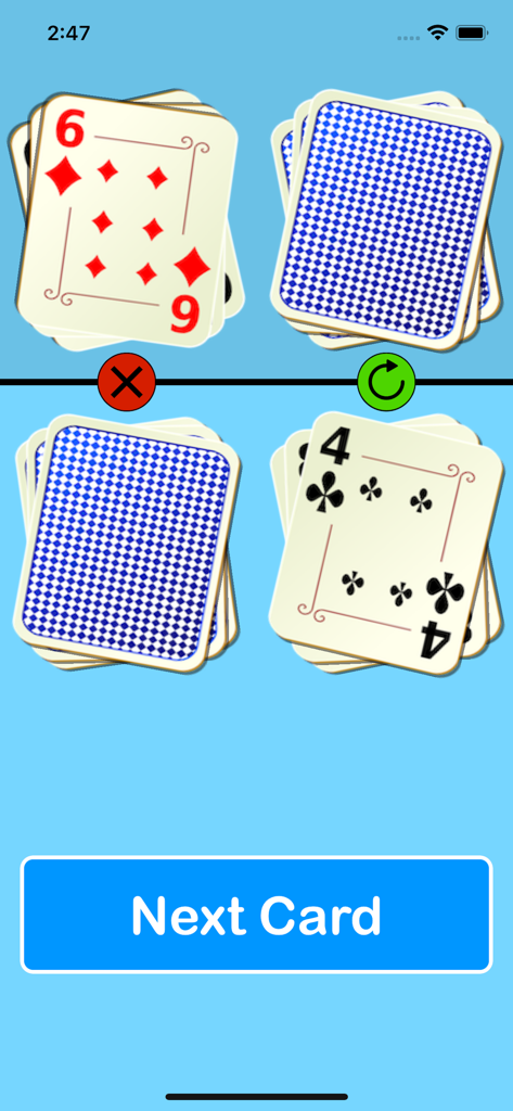 Snap - Classic Card Game - Gameplay-Bildschirm des Snap-Kartenspiels, der Kartenstapel und eine große Schaltfläche 'Nächste Karte' zeigt