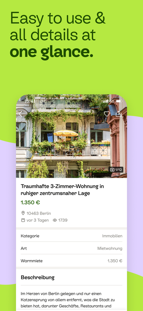 Kleinanzeigen - without eBay - Una pantalla móvil que muestra un anuncio inmobiliario detallado de un apartamento en Berlín en la app Kleinanzeigen.