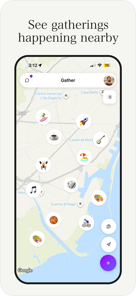 Gather - Una interfaz de mapa en la aplicación Gather que muestra encuentros comunitarios cercanos como cafés y entrenamientos en el gimnasio