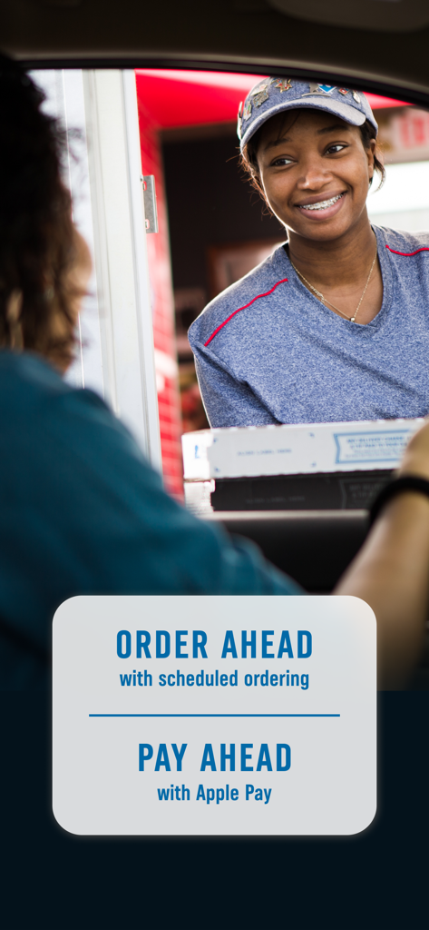 Domino's Pizza USA - A Domino's employee handing pizza boxes to a customer in a car with text highlighting order ahead and pay ahead features.