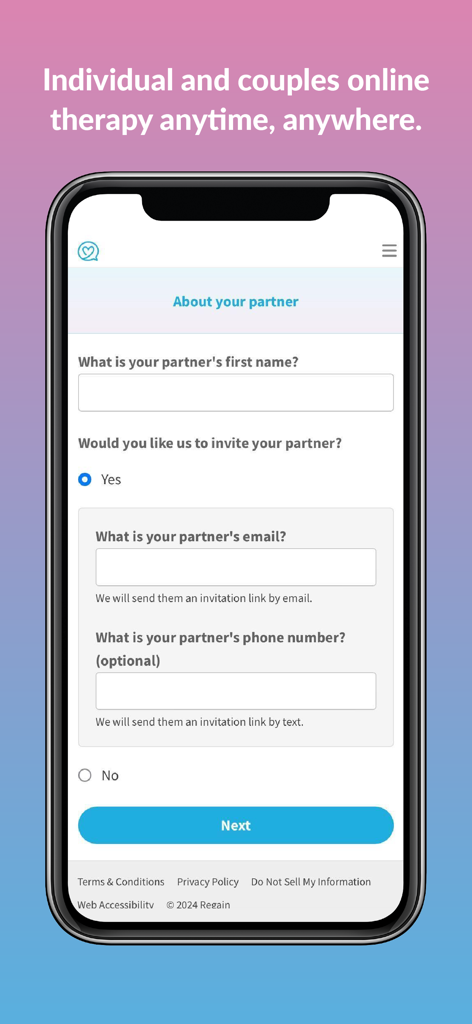 ReGain - Couples Therapy - Smartphone displaying the ReGain app's partner information and invitation screen for online therapy.