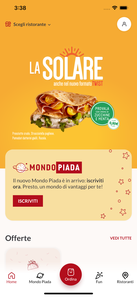 Pantalla de inicio de la app LA Piadineria mostrando una piadina promocional y la sección del programa de fidelidad Mondo Piada
