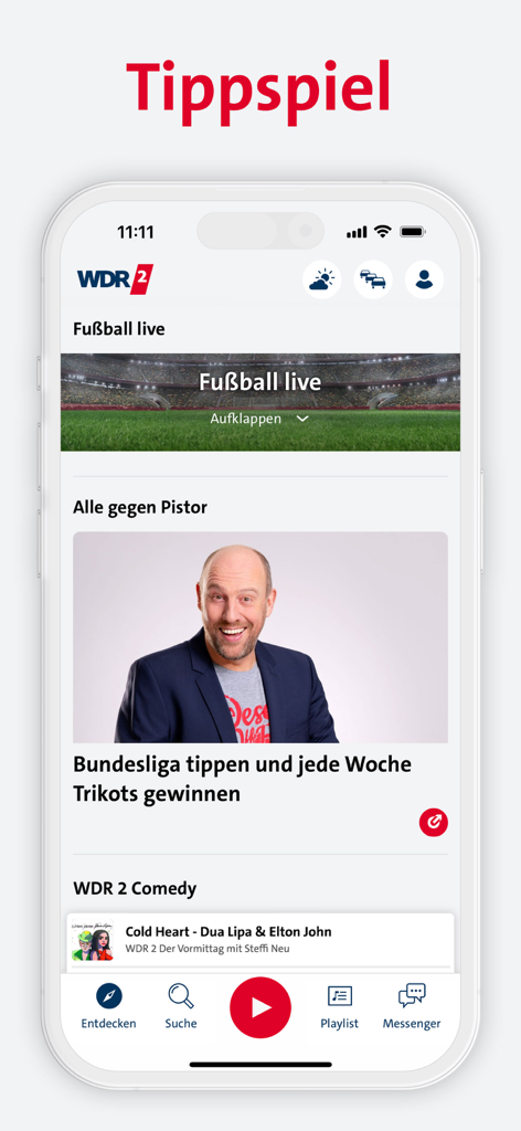 WDR 2 app screen showing the Alle gegen Pistor Bundesliga betting game feature